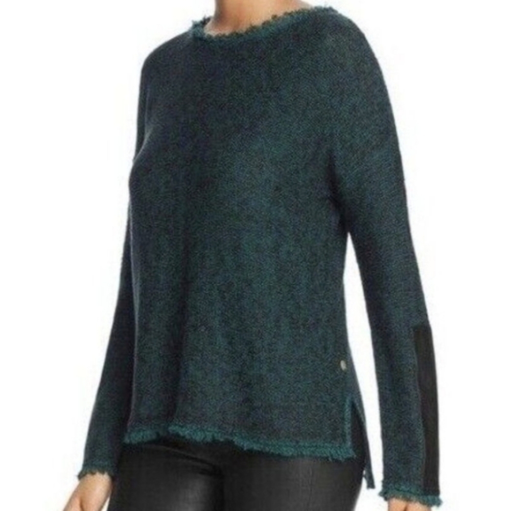 Donna Karan Fringed Tunic Sweater Faux Leather Trim Marled Knit Crewneck Green S